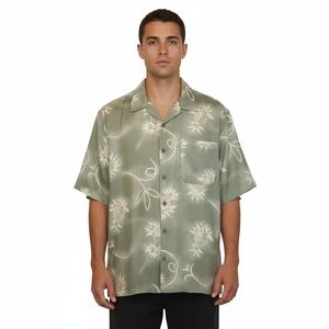 Tommy Bahama 100% Silk Sage Green Yellow Pineapple Button Down Shirt Size L